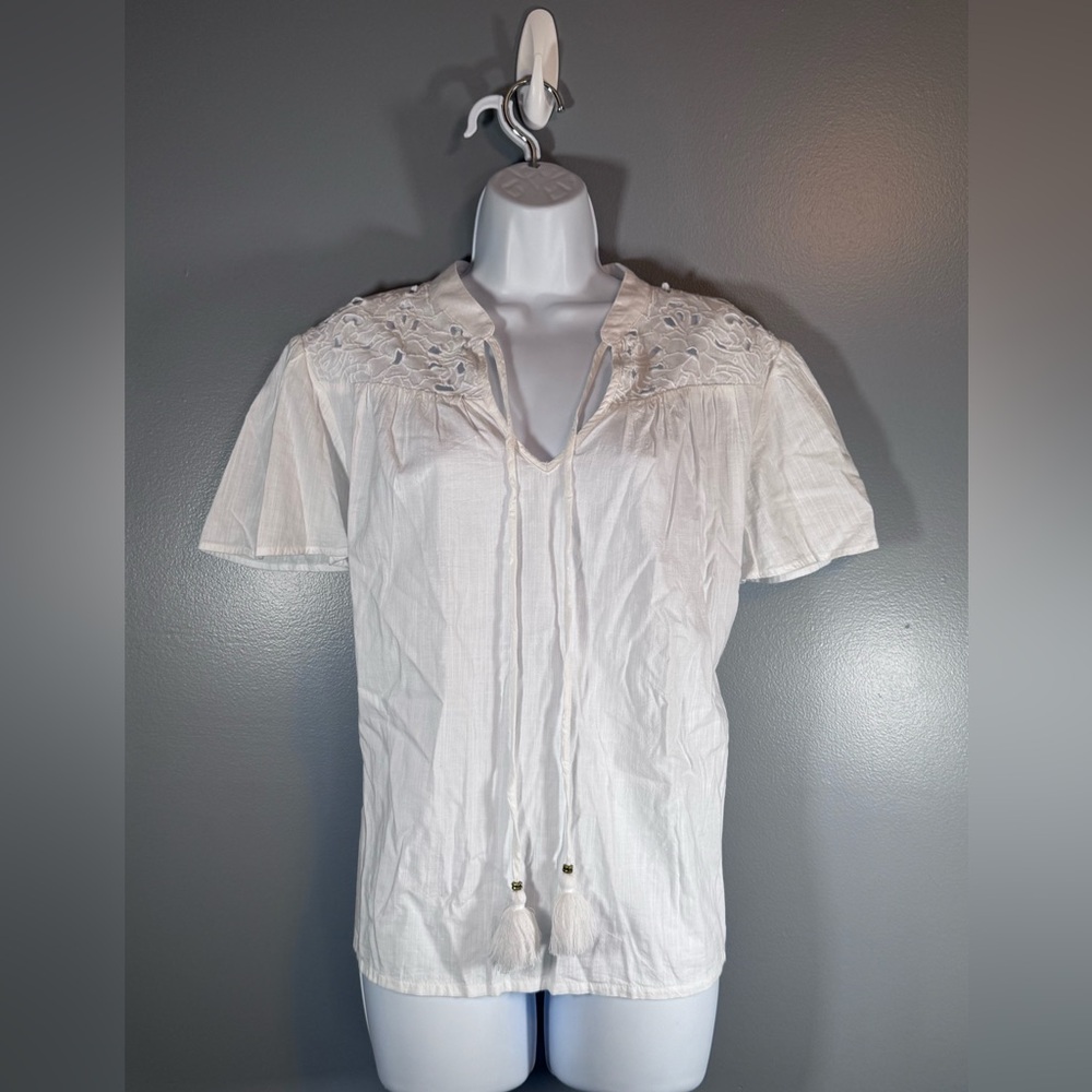 Knox Rose White Boho Embroidered Tassel Blouse Size L Cotton Peasant Top - Picture 3 of 9